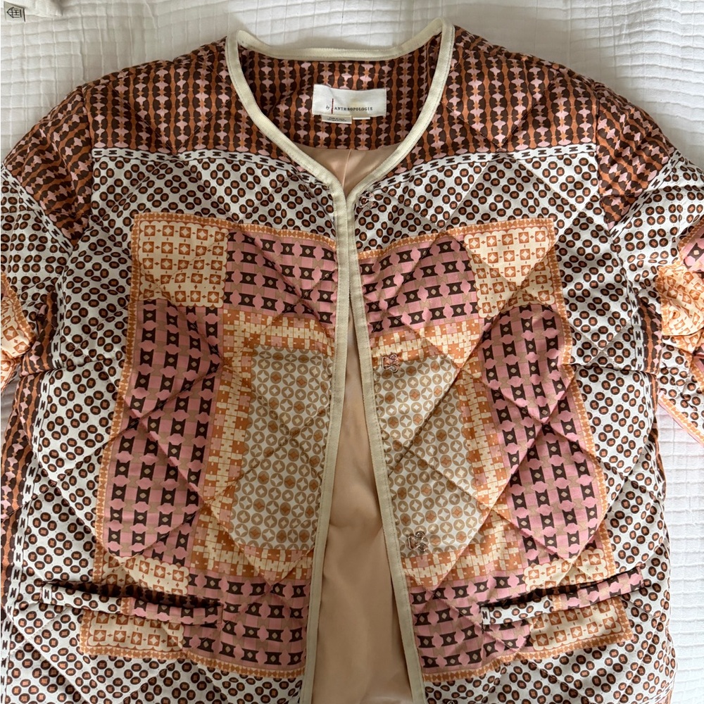 Anthropologie Patchwork Puffer Jacket - Pink, Brown, Cream